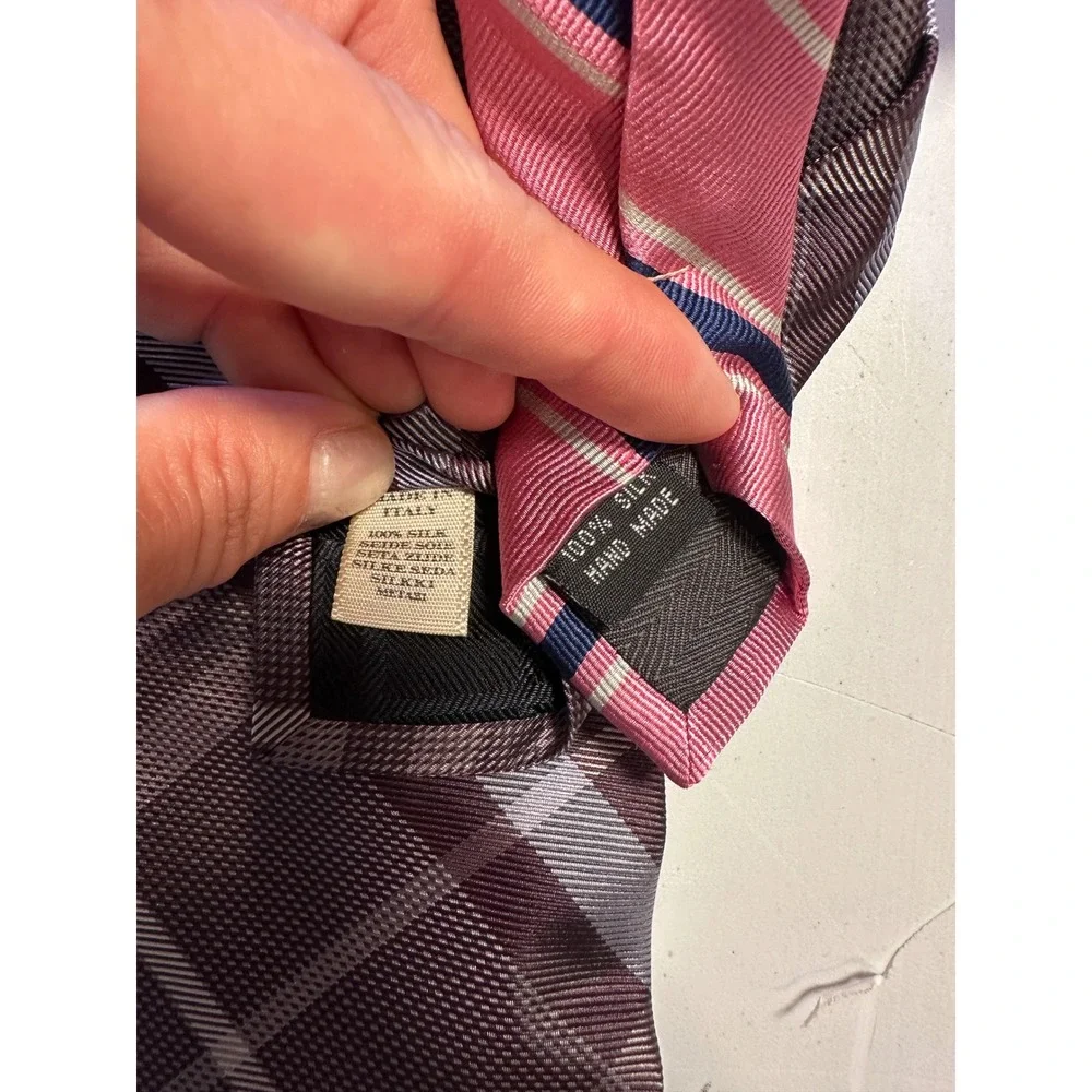 Burberry London Plaid & Bruno Piattelli Striped Silk Ties Mens Made in Italy 2pc